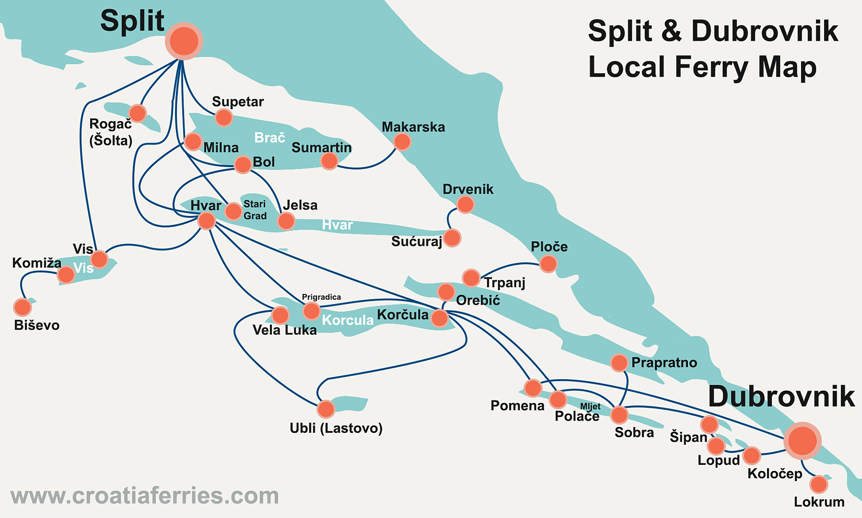 Split, Dubrovnik and Islands Local Ferry Map - Ferries